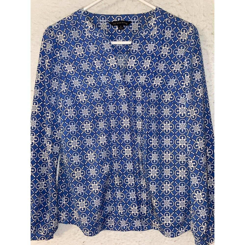 Brooks Brothers 346 Blouse Blue White Print Long sleeve Women's Sz 4 top button